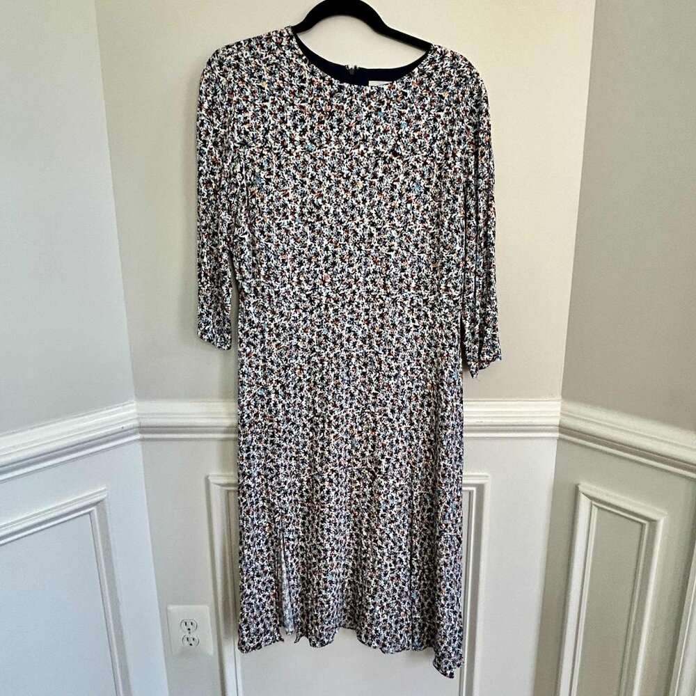 Loft A-Line Midi Dress 3/4 Sleeve Back Zip Front Slit Multi-Color Size 12